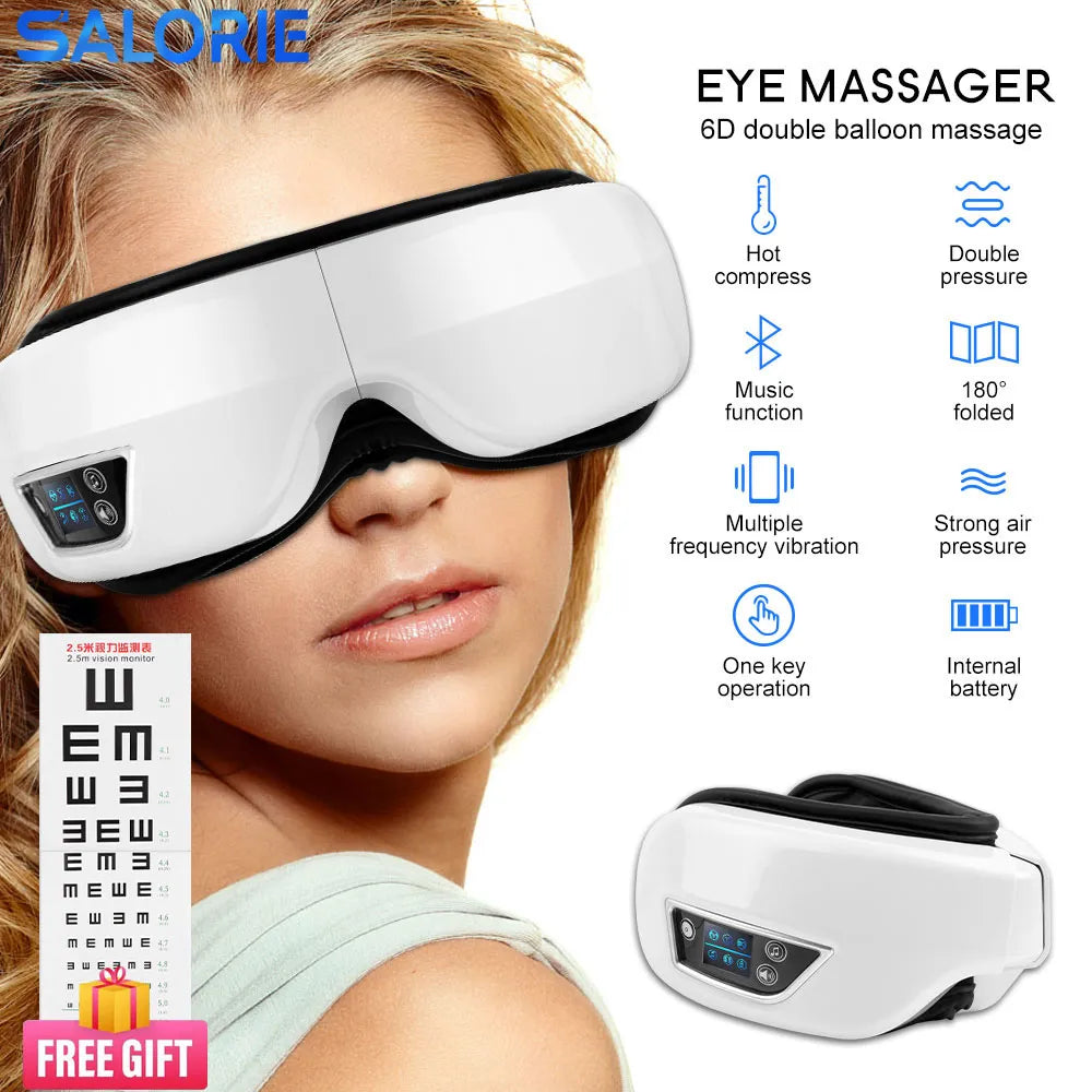 6D Smart Airbag Vibration Eye Massager Hot Compress Bluetooth Eye Massage Glasses Eye Care Instrument Fatigue Pouch & Wrinkle